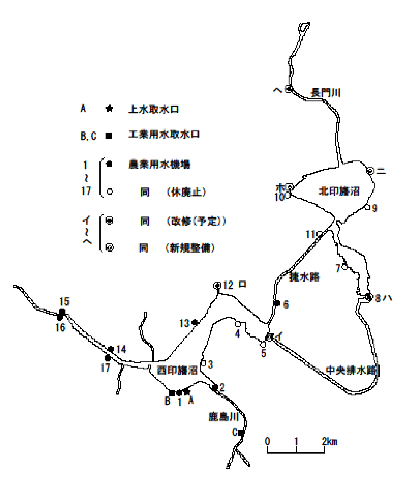 第2.3図　上水・工業用水の取水施設と農業用水の主な揚・排水機場の設置場所