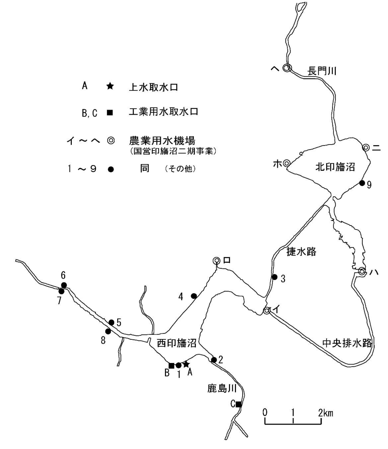 第2.3図 上水・工業用水の取水施設と農業用水の主な揚・排水機場の設置場所